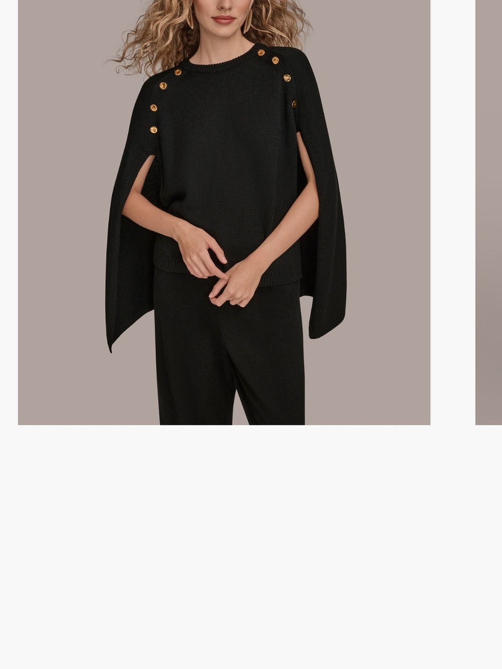 Donna Karan Black Cape-Sleeve Knit Top with Gold Buttons